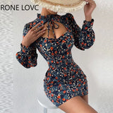 Women Elegant Long Sleeves All Over Print with Disty Floral Folds Keyhole Bodycon Mini Sexy Party