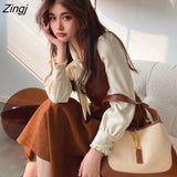 Women Retro French Style Patchwork Design Elegant Bow Fashion Chic Party Autumn Vintage Inside Temperament 2023