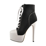 Onlymaker Women's Canvas Platform Lace Up Ankle Boots16cm High Heel Side Zipper Plus Size Fashion Sexy Stiletto