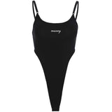 high cut summer hot sale bodysuits good quality letter print spaghetti strap black bodysuit women 2020 body