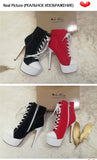 Onlymaker Women's Canvas Platform Lace Up Ankle Boots16cm High Heel Side Zipper Plus Size Fashion Sexy Stiletto