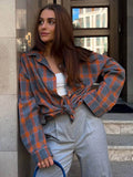 style versatile lapel loose fitting shirt 2024 autumn plaid long sleeved pocket women's