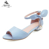 SGESVIER Ladies Low Heel Sandals 2018 New Summer Peep Toe Buckle Strap Bowtie Shoes Woman Party Shoes White Blue Pink