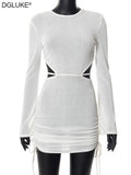 See Through Sexy Beach Dress Long Sleeve Backless Knitted Summer Dress Women 2022 Drawstring Ruhced Crochet Cover Up