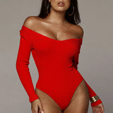 Solid Knitted Bodysuits Body Tops Bodycon Sexy Off Shoulder Long Sleeve Slim Skinny Leotard Jumpsuit Lady Stretch