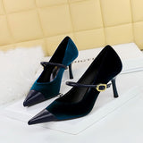 Zingj Banquet High Heels Fine Heel Shallow Pointed Top Xishi Suede Stitching Pointed Metal Buckle One Word Strip Single