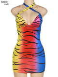 Gradient Streak Sexy Halter Mini Dresses Women Sleeveless V-Neck Backless Lace Up Bodycon Midnight Party Hip