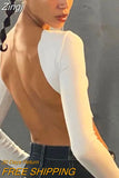 Backless Crop Top Women Fashion Solid Color Long Sleeve T Shirt 2000s Aesthetic Clothes y2k Tee Basic Sweats