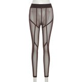Mesh Sheer See Through Women Leggings Pants High Waist Striped Patchwork Leggings Skinny Pencil Pants Trousers