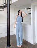 Lady Elegant Hanging Neck Off Shoulder Round Neck Jumpsuit Women's Sleeveless High Waist Slim Fit Wide Leg Jumpsuit