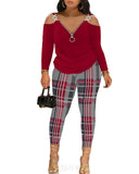 Autumn And Winter Women's Wear New Shoulder Spliced Long-Sleeved Printed Trousers Two