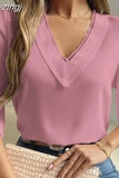 Hollow Summer Shirts V-neck Lace Chiffon Blouses Woman Petal Short Sleeve Tops 2023 Office Lady Para Mujer Elegant