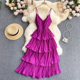 Women Draped Ruffle Spaghetti Strap Dress Sexy Vacation Beach Vestidos Female Elegant High Waist Slim Midi Robe 2023