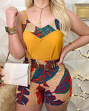 2023 Summer Women Elegant Vacation Leisure Suit Sets Female Holiday Spaghetti Strap V-Neck Print Top & Short