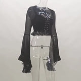 Strapped With Lace Spliced Horn Long-Sleeved Shirt Dark Slim Sexy Navel Cardigan
