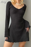 Casual Frill Long Sleeve Black Female Dress Slim Spring Autumn Mini Dresses Basic Fashion Elegant Outfits Korean