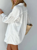 White Elegant Jacquard Fabric Soft Vacation Suits Women Long Sleeves Shirts And Hot Pants Two Pieces Outfits