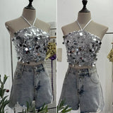 Industry Bling Bling Glide Hanging Neck Sling Vest One-Style Wrapping Tie With Large Bare Back Blouse