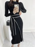 Stand Collar Contrast Bandage Long Sleeve Women Knitted Dress Autumn Korean Fashion Casual Knit Bodycondresses
