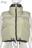 Fashion Autumn Stand Collar Cotton Vests Women Elegant Solid Simple Zipper Coats Women Casual High Waisted Vests