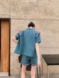 2 Piece Sets Womens Outfits Summer Blazer Shorts Set Vintage Stringy Selvedge Blue Fashion Top And Short