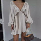 New V-Necked Long-Sleeved Dress Independent Design Bubble Sleeve