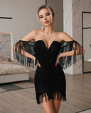 2022 Women Fashion Tassel Bandage Dress Sexy V Neck Off Shoulder Bodycon Nightclub Celebrity Female Party Mini