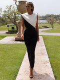 Women Fashion Contrasting Hollow Out Maxi Dress Elegant O Neck Sleeveless High Waist Long Dresses Summer Lady Chic Party