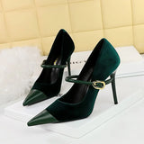Zingj Banquet High Heels Fine Heel Shallow Pointed Top Xishi Suede Stitching Pointed Metal Buckle One Word Strip Single