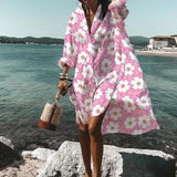 Women Dresses Turn-down Collar Print Casual Long Sleeve Shirt Dress Plus Size Loose Beach Party Vestidos Robe