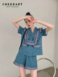2 Piece Sets Womens Outfits Summer Blazer Shorts Set Vintage Stringy Selvedge Blue Fashion Top And Short