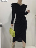 Women Velvet Midi Dress Vintage Elegant Slim Waist Black O-Neck Long Sleeve Vestido Feminino Party