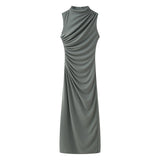 New Wrinkle Decorated Slim Long Midi Dress