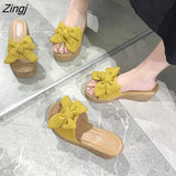 New Summer 7cm Platform Wedge Slippers Women Shoes Butterfly-knot Clog Fabric Bow Mules Flip Flop Light