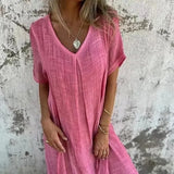 New Leisure Spring And Summer Loose Skirt Short-Sleeved V-Neck Solid Cotton