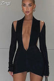 Women Autumn 2023 New Black Sexy&Party Low Chest Off The Shoulder Sleeve Solid Backless Dress Elastic Skinny Hip