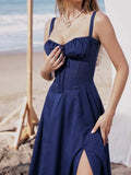 Women Floral Print Long Dress Summer Chic Short Sleeve Spaghetti Strap Split A Line Party Sundress Ladies Holiday Beach