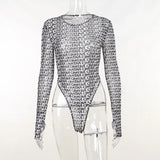 Printed Chaochao Brand Mesh Spicy Girls' Conjoined Clothes Are Sexually Transparent Long-Sleeved Tight Fashionable Women's