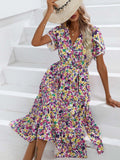 Zingj Women's Hot Style Dress 2023 Summer Small Flowers Split V-Neck Women's