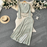 Zingj And Autumn Holiday Style Vintage Flower Suit Women's Long-Sleeved French Thin V-Neck Blouse + Forked Skirt Two