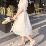 Vintage Casual Fairy Dress Female One-piece Dress Korean Puff Sleeve Lace Sexy Party Midi Dresses Women's Summer 2021