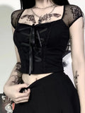 Tops Goth T-shirt Women Bodycon Bandage Lace Black T-shirts Gothic Streetwear Sexy Female Top Casual Mesh