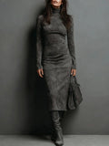 Retro High-Necked Dress In Autumn 2025 Solid Color With Low-Sleeved