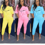 Summer Stretch Casual Suit Solid Color Ladies 2 Two-Piece Sets Letter Sportswear Short Sleeve T-Shirt + Long Pants