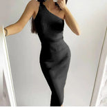 Zingj Slanting Shoulder Solid Color Knitted Dress Ins Xia Xian Slim Body Including Hip Middle Skirt Sleeveless