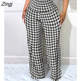 Women Houndstooth Print High Waist Pants 2023 Autumn Casual Long Pants Loungewear Women Clothes One Piece Suit