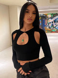 with Me Long Sleeve Cropped Corset Women crop Top 2022 Summer Sexy Cut Out casual party Club Black T-shirts for