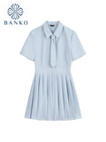 Polo Ruffles Pleated Dresses Women Short Sleeve Solid Vestidos Chic Lattice Tie Summer Mini A-line Dress Preppy
