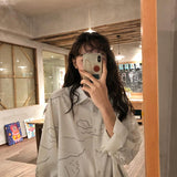 Shirts Women Long Sleeve Print Ulzzang Cat Turn-down Collar Students Designed Womens Korean Style with Buttons
