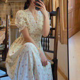 Floral Dress Women Elegant Lace Chiffon Korean Party Dress Puff Sleeve V Neck Midi Dress Fall Dresses for Women